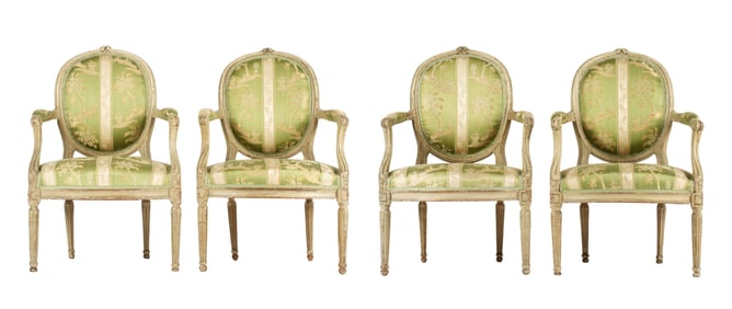 4 Early French Louis XVI Painted Fauteuil Chairs