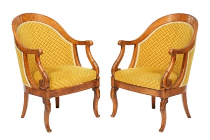 Pair French Charles X Open Arm Chairs