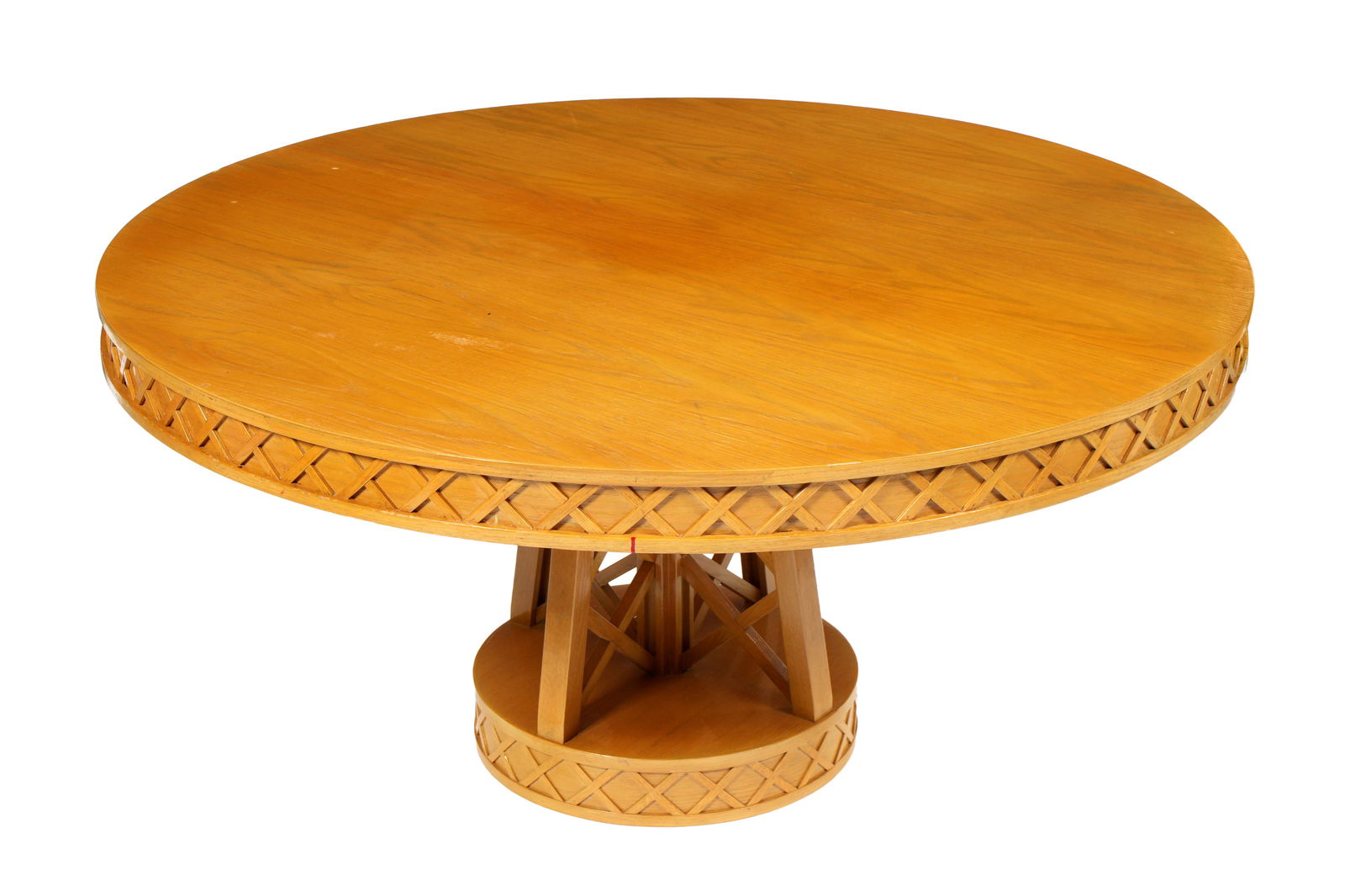 Large Blonde Stained Oak Round Dining Table: Round stained and lacquered top, applied lattice design skirt. Lattice motif continues on open work support, and on round base. No makers mark or tags, overall 28.75" h. x 60" top dia. Condition: Scra