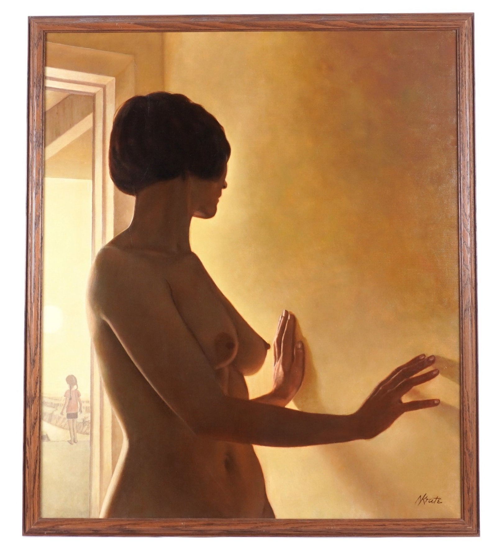 Nat Krate Portrait of a Nude Woman: KRATE, Nat, (1918-2013): Portrait of a standing nude woman in a doorway, clothed young woman standing outside the doorway, Oil on Canvas, signed lower right, 34" x 29", framed 36.25" x 31.25".