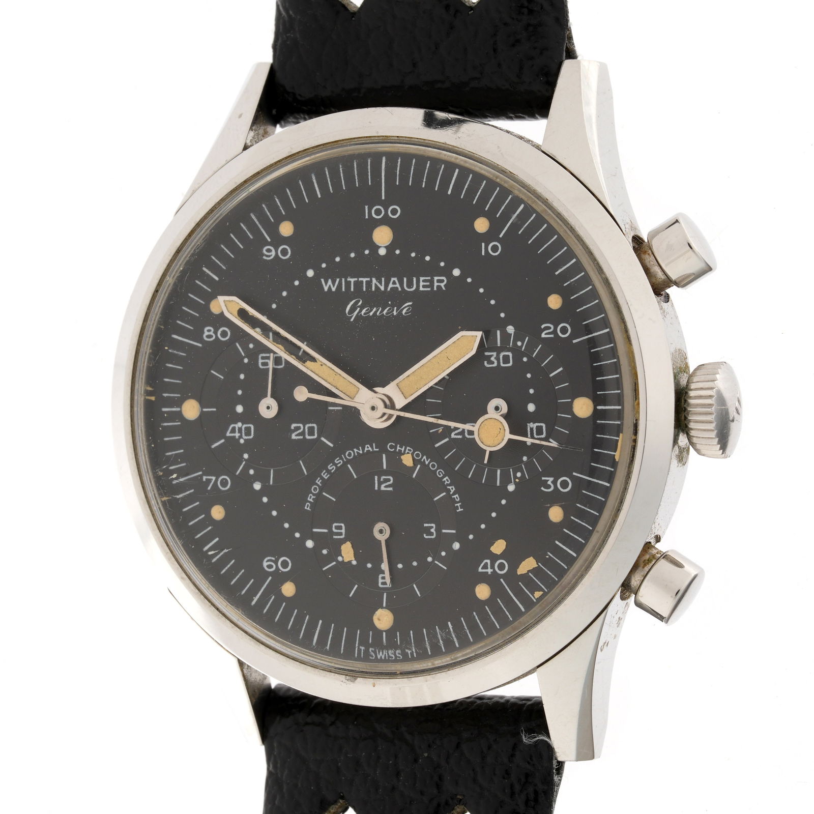 Wittnauer 242T Chronograph Wrist Watch: 38mm stainless steel case, manual wind, black dial with luminescent hands, three subsidiary dials. Black leather band, 8.75". Condition: Wear and losses to hands, currently running, however chronograp