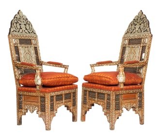 Pair Syrian Mother of Pearl Inlaid Arm Chairs