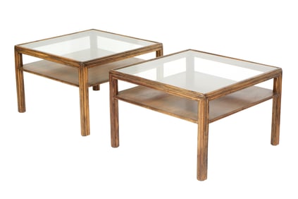 Pair McGuire Glass Top Corner End Tables 104 B