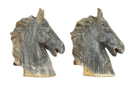 Pair Cast Iron Horse Head Sculpture Finials