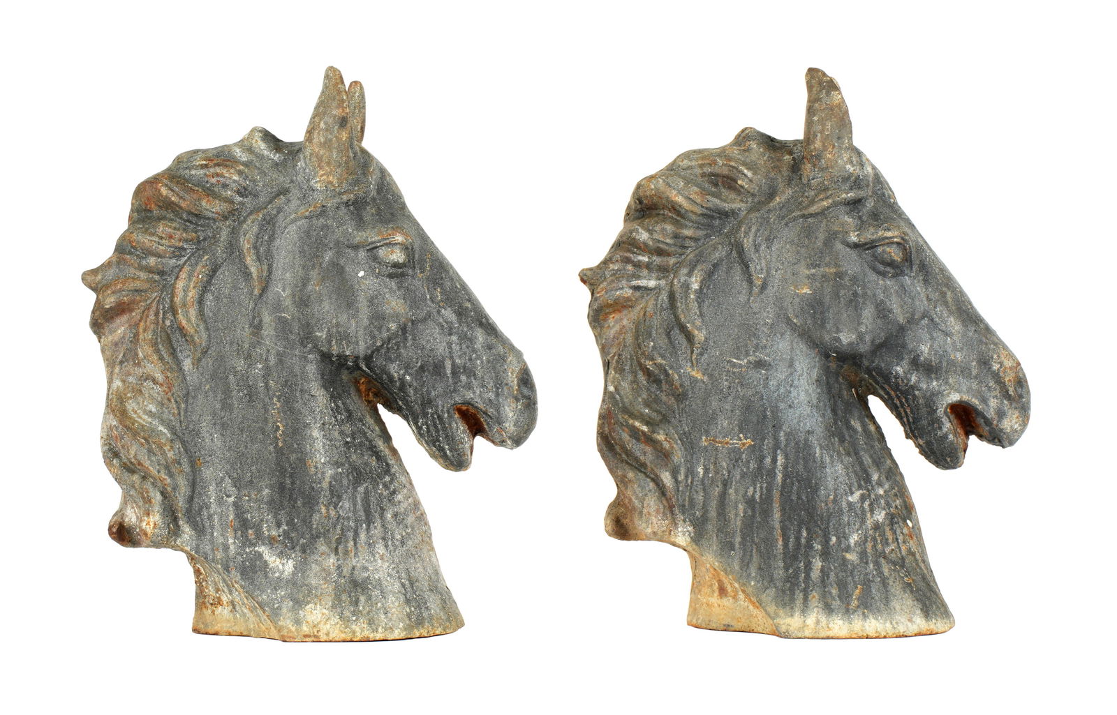 Pair Cast Iron Horse Head Sculpture Finials: Pair matched heavy cast iron horse head sculptures or architectural finials, no visible markings. Overall 19" h. x 6" x 15". Condition: Obvious signs of weathering, surface rust. Shippers note: Approx