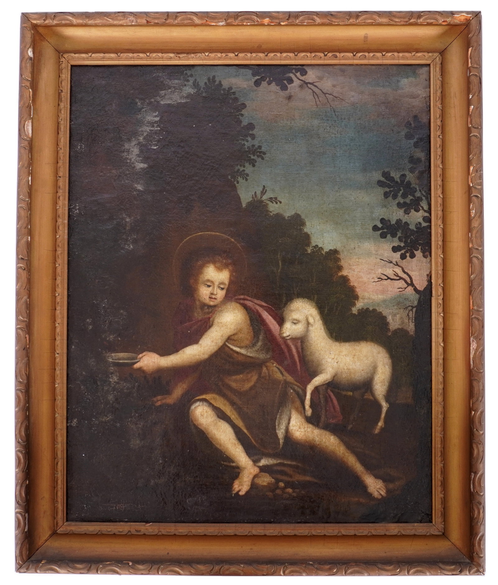 Old Master Style Child St John The Baptist & Lamb: 18th Century allegorical depiction of St. John the Baptist as a child with a lamb, Oil on Canvas, no visible signature, 27.25" x 22.25", framed 33" x 27". Condition: Craquelure, scattered inpaint. Los