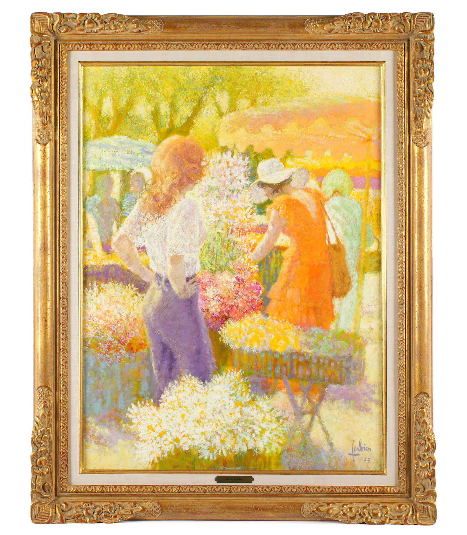 Louis Fabian French Florist Market Painting: FABIAN, Louis P., (French, 1924-2016): "Fleurist, Place des Lices" impressionist depiction of women shopping for flowers in a market at Place des Lices in Saint-Tropez, Oil on Canvas, signed lower rig