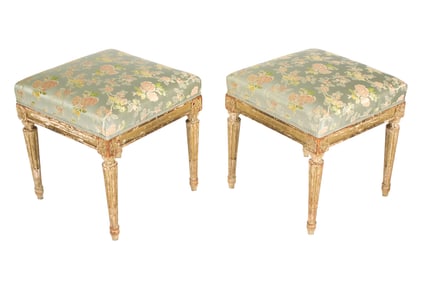 Pair Louis XVI French Carved and Painted Stools
