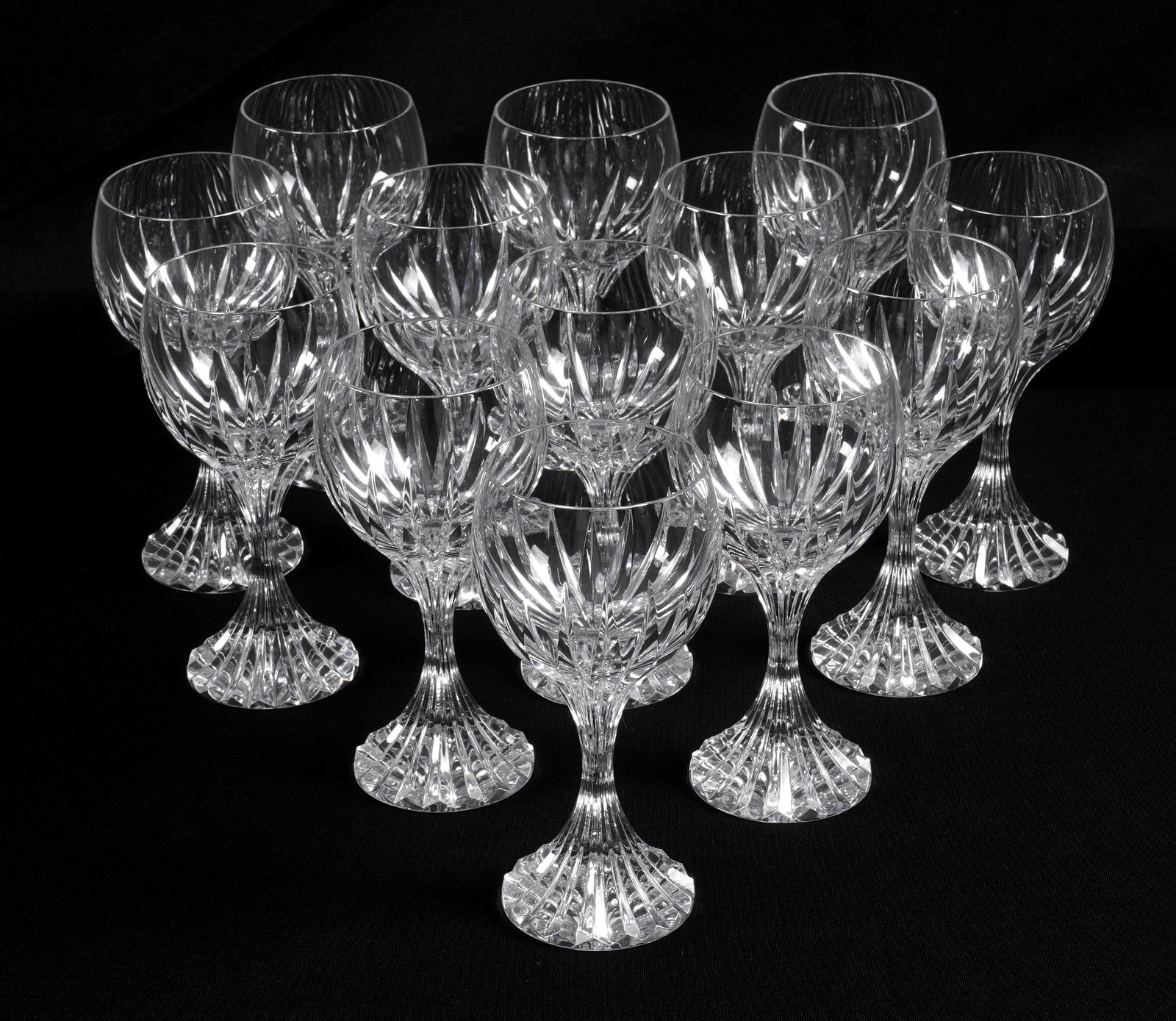13 Baccarat Crystal Massena White Wine Stems: 13 white wine glasses total in the Massena pattern by Baccarat, 6.5" h., well marked.