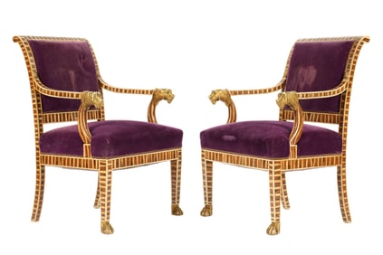Pair Faux Painted & Carved Lion Head Arm Chairs