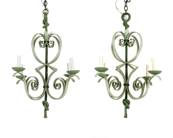 Pair French Green Wrought Iron Chandeliers