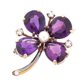14k Gold Amethyst Pearl & Diamond Floriform Brooch