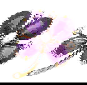 14k Gold Amethyst Pearl & Diamond Floriform Brooch: 14k gold floriform brooch, four prong set amethyst petals, each 10mm x 7mm. Three small prong set accent diamonds, center 4mm cultured pearl, overall 1.25" long. Approx. 10 grams inclusive.