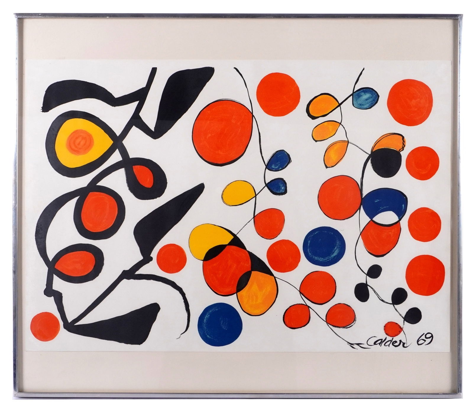 1969 Alexander Calder Spring Carnival Lithograph,: CALDER, Alexander, (American, 1898-1976): "Spring Carnival", Lithograph in Colors on paper, signed and dated in the plate lower right, sheet size 17.5" x 25.5", framed 23" x 27". Condition: Creases on