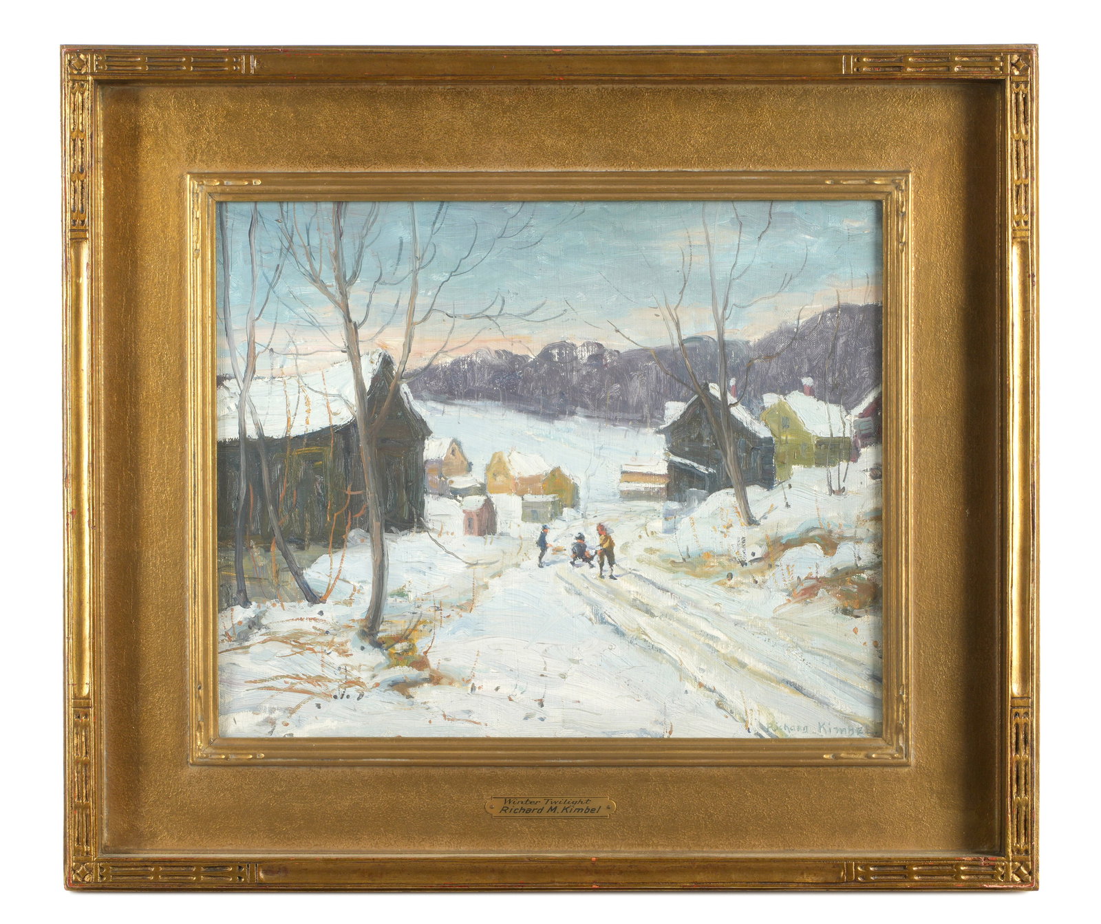 Richard Kimbel Winter Twilight Snowscape Painting: KIMBEL, Richard M., (American, 1865-1942): "Winter Twilight", snow covered town landscape with figures, Oil on Board, signed lower right, signed with New York City address verso, 13" x 16", framed und