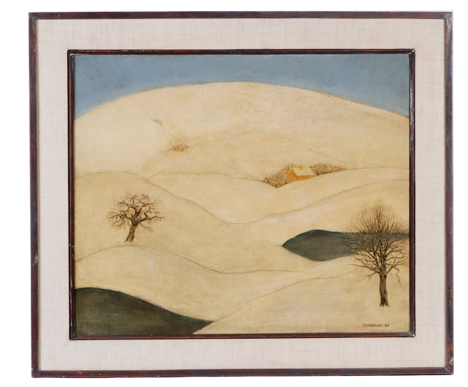 1934 Arnold Aaron Friedman Snowy Winter Landscape: FRIEDMAN, Arnold Aaron, (American, 1874-1946): Modernist winter landscape with trees, ponds, and house, Oil on Canvas, signed and dated '34 lower right, 20" x 24", framed 25.75" x 29.75". Condition: C