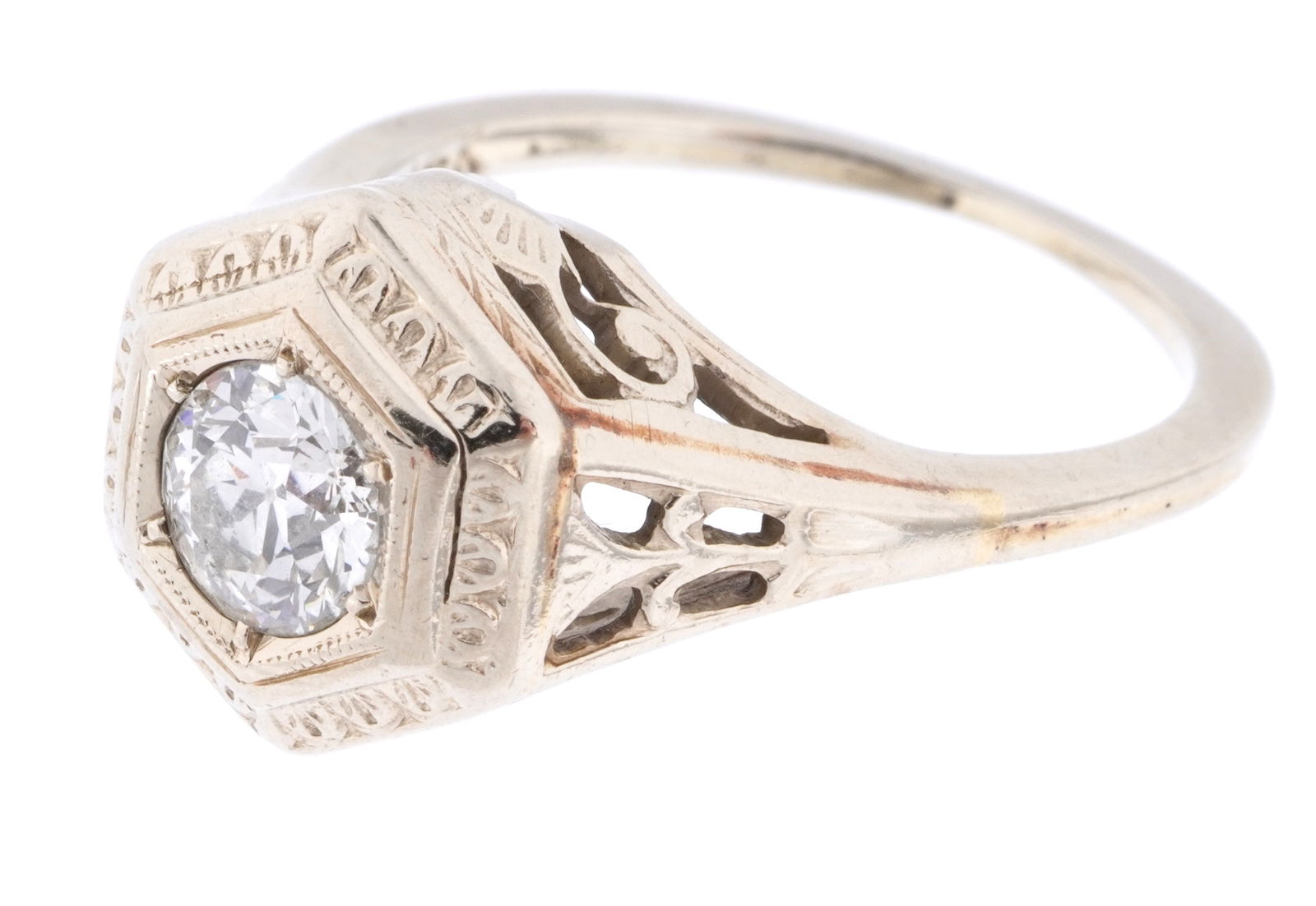 Art Deco 14k Champagne Gold and Diamond Ring: Art deco design filigree 14k champagne gold band, center approx .70ct European cut diamond, good color. Size 5.5. Approx. 3 grams inclusive.