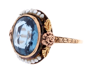 Multicolor 14k Gold Aquamarine Seed Pearl Ring