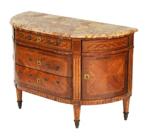 French Louis XVI Style Marble Top Inlaid Commode