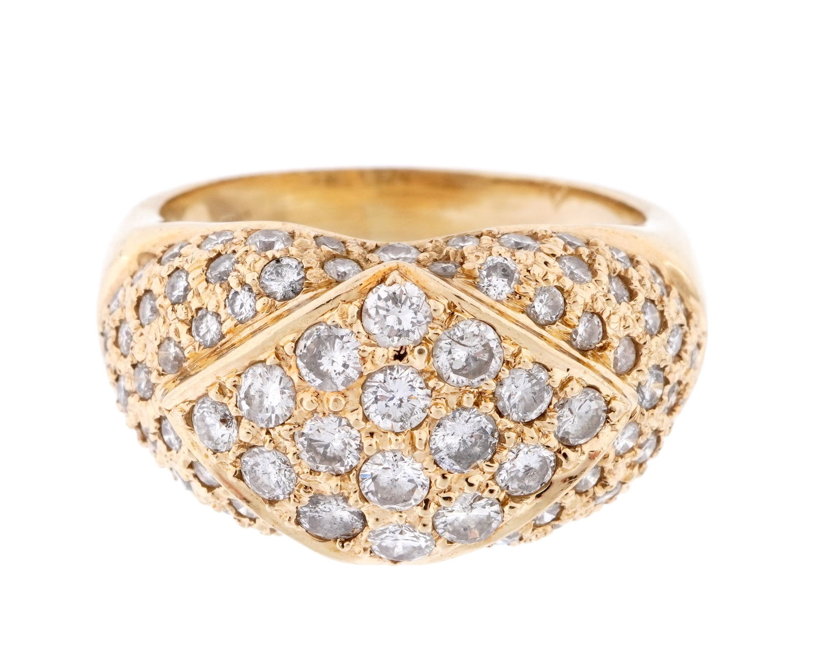 14k Yellow Gold Pave Set Diamond Ring: 14k yellow gold band, approx. 82 pave set accent diamonds, approx. 2ctw total. Size 4.5. Approx . 8 grams inclusive.