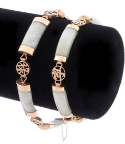 Two Chinese 18k Gold and Jade Bracelets