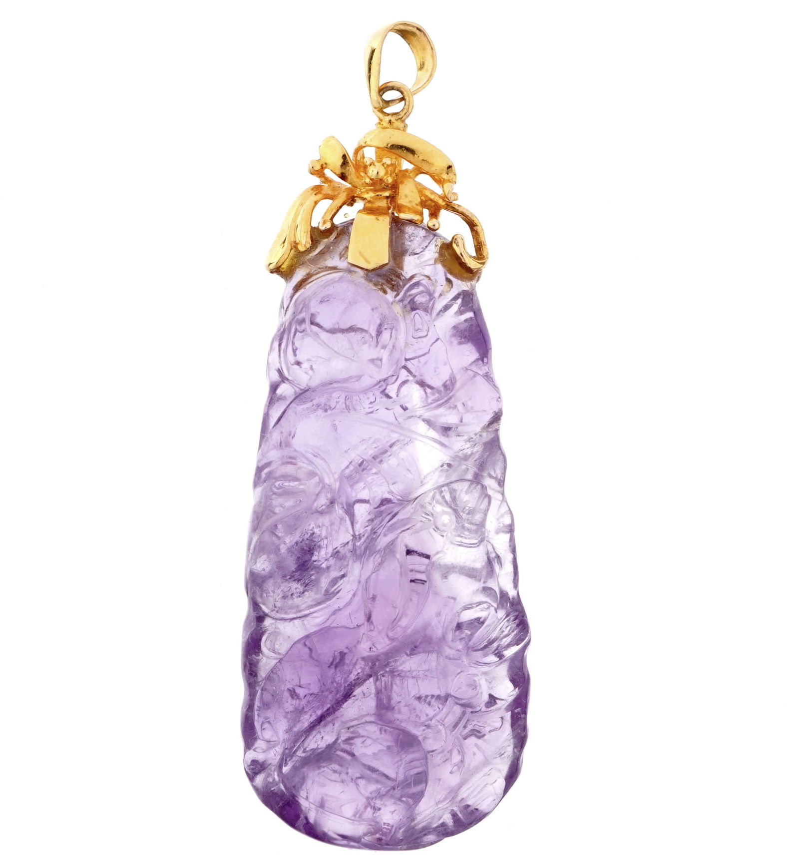 14k Chinese Gold and Carved Amethyst Pendant: 14k yellow gold bail and top, carved amethyst pendant, overall 2.25" long
