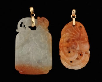 Two Chinese 14k Gold and Carved Jade Pendants