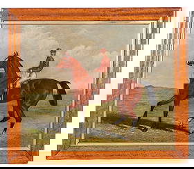 Winner Two Thousand Guineas Horse Jockey Portrait: Portrait of a Horse and Jockey, titled lower left "The Winner of the Two Thousand Guineas", unfortunately there is no year of identification, Oil on Canvas, no visible signature, 24" x 29", framed 29"