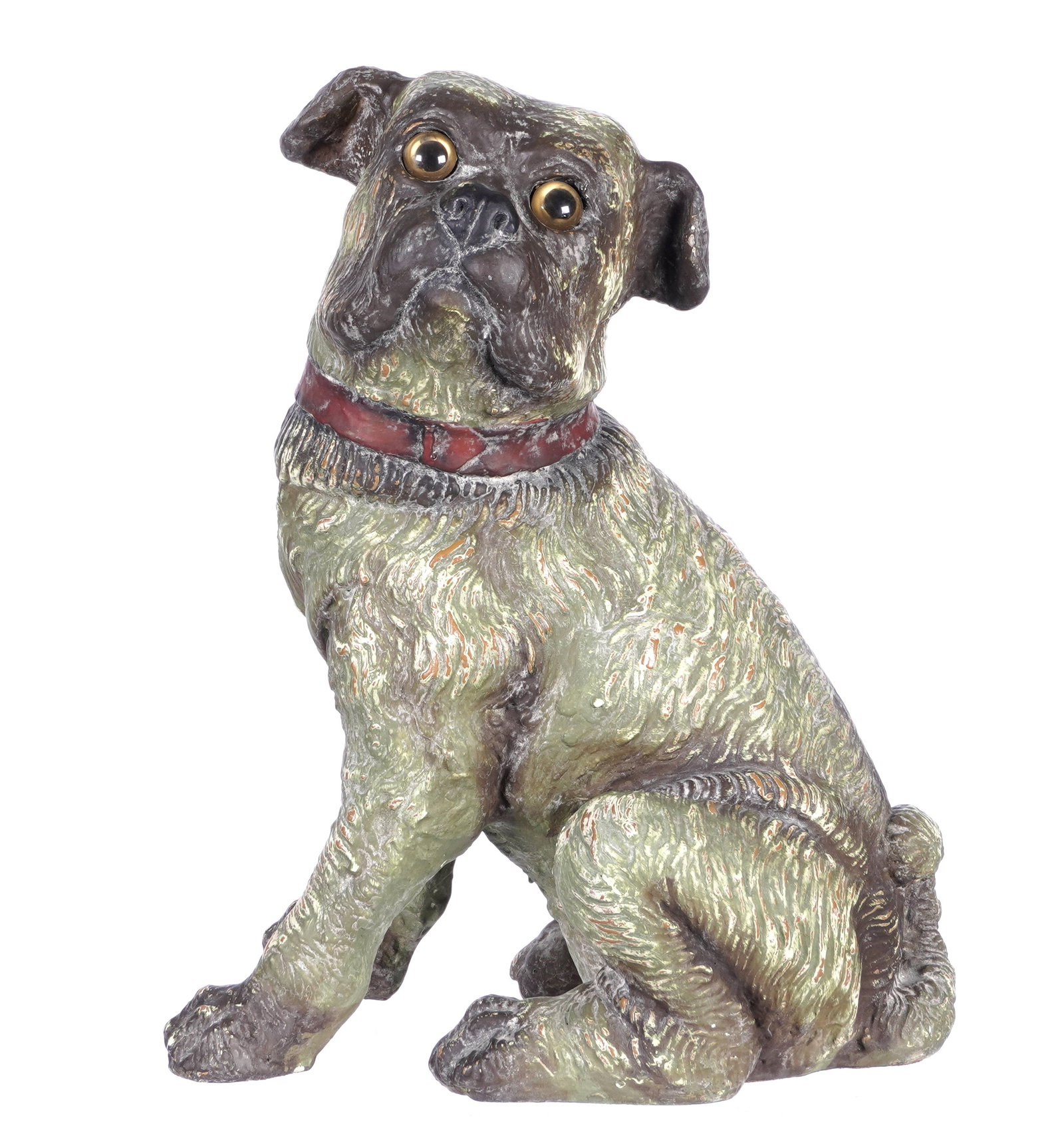French Terracotta Pug Dog with Glass Eyes: Polychrome decorated terracotta model of a seated pug dog, glass eyes, unmarked, 15" h. x 11.5" x 8". Condition: Minor chips and wear to decoration.