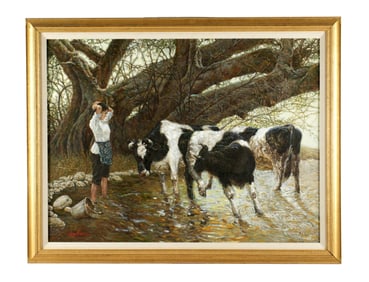 Robert Zhang Woman with Cows Landscape Painting