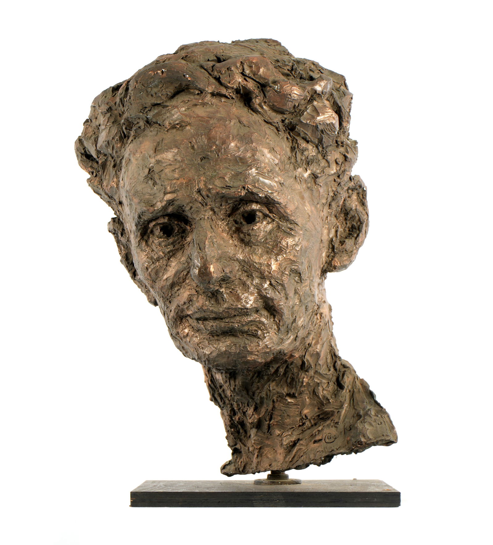 Large Robert Berks Plaster Bust of Louis Brandeis: BERKS, Robert, (American, 1922-2011): Plaster bust of Supreme Court Justice Louis Brandeis, bronzed finish, signed on front at base. Bust measures 22" h. x 15" x 14" , affixed to wood base overall 24"