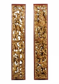 2 Chinese Carved Red Lacquer and Gilt Wall Panels