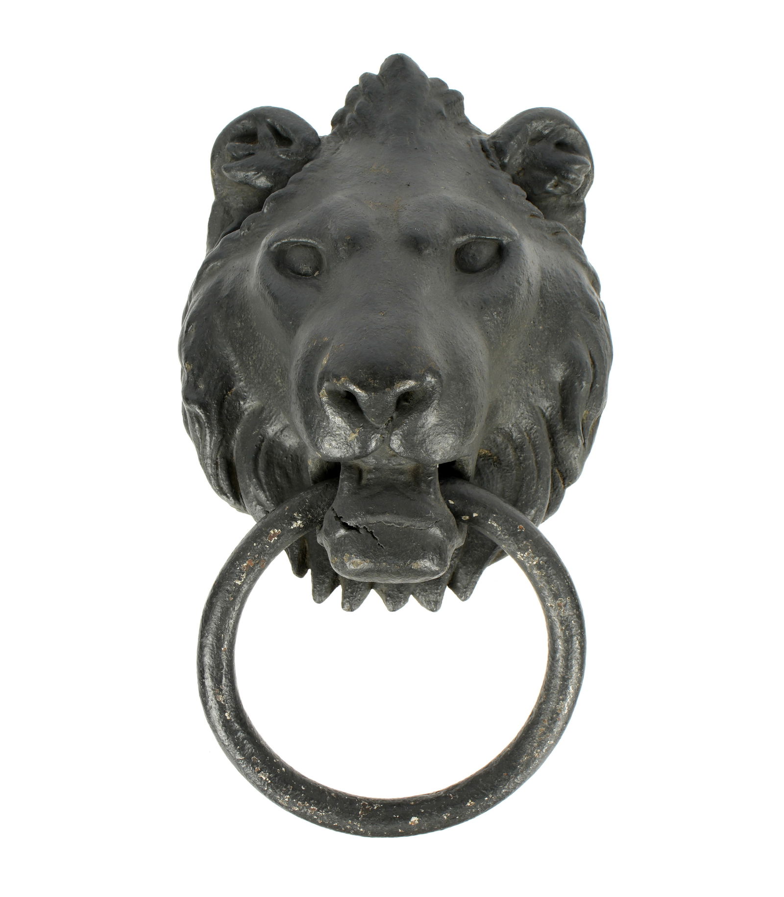 Large Painted Spelter Cast Iron Lion Doorknocker: Large painted spelter lion head with cast iron ring doorknocker, unmarked. Overall 20" h. x 10.5" x 7.5". Condition: Crack to bottom jaw, wear to paint.