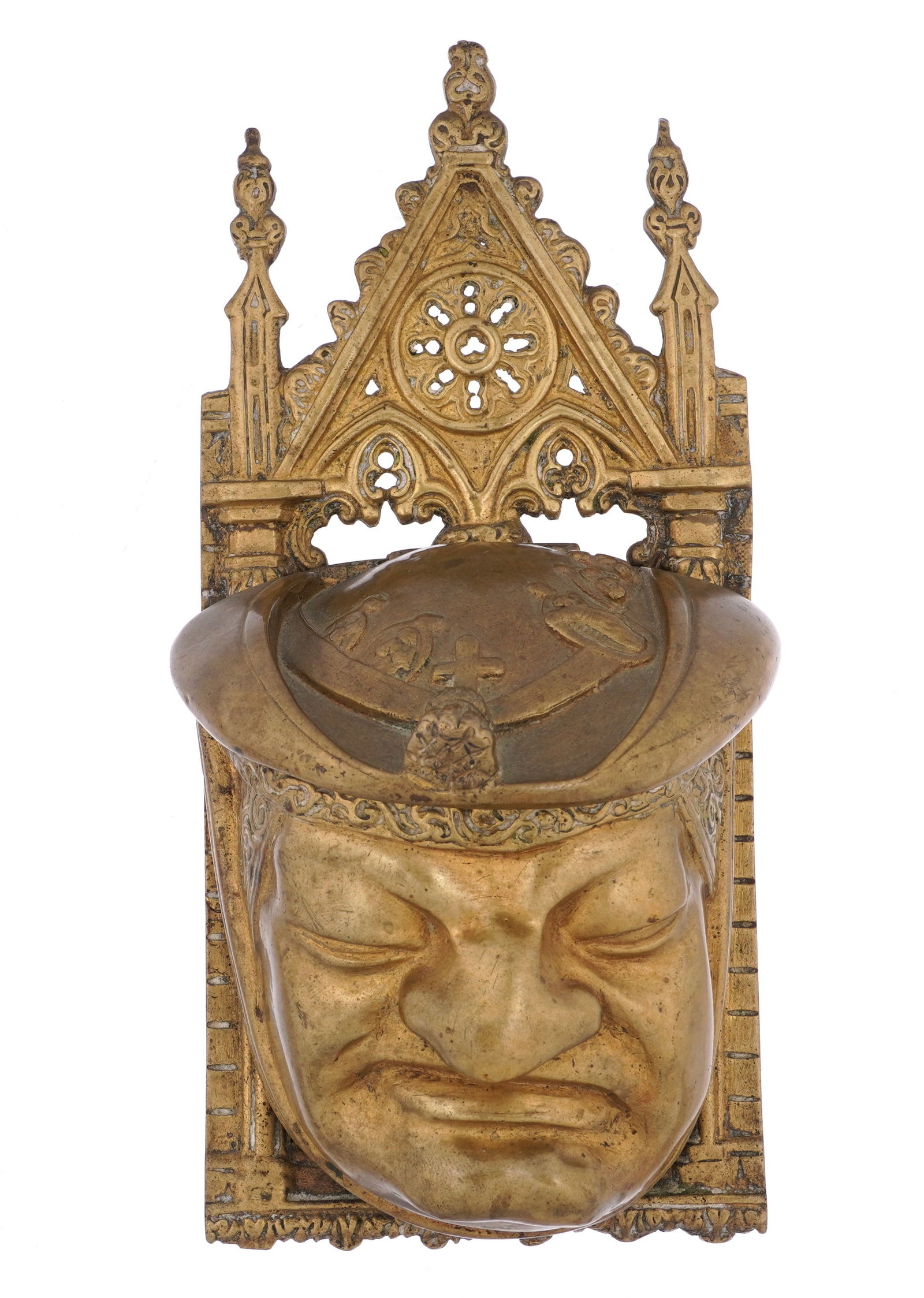 Gothic Revival Bronze Monk Face Wall Match Safe: Cast bronze wall mounted match safe depicting a dour monk's face with hinged hat lid, architectural church form crest. Unmarked 8" h. x 4" x 3".