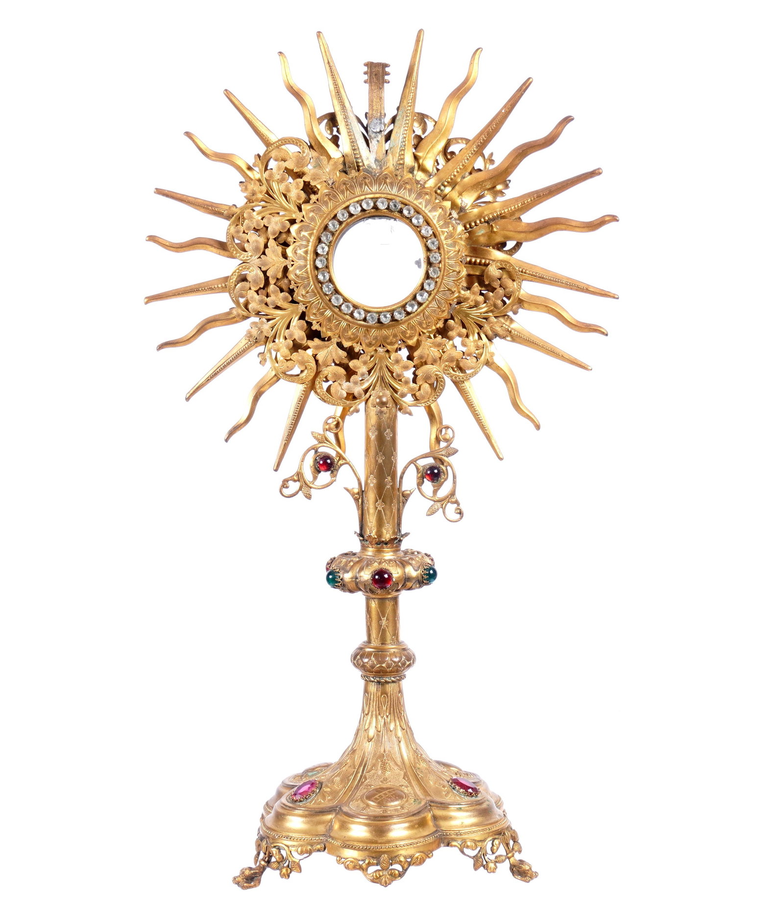 Spanish Colonial Decorated Gilt Brass Monstrance: Please see scan of original collectors card, purchased in Guatemala City in 1971. Late Colonial period, gilded brass monstrance with inset simulated precious stones. On three figural feet. Overall 22