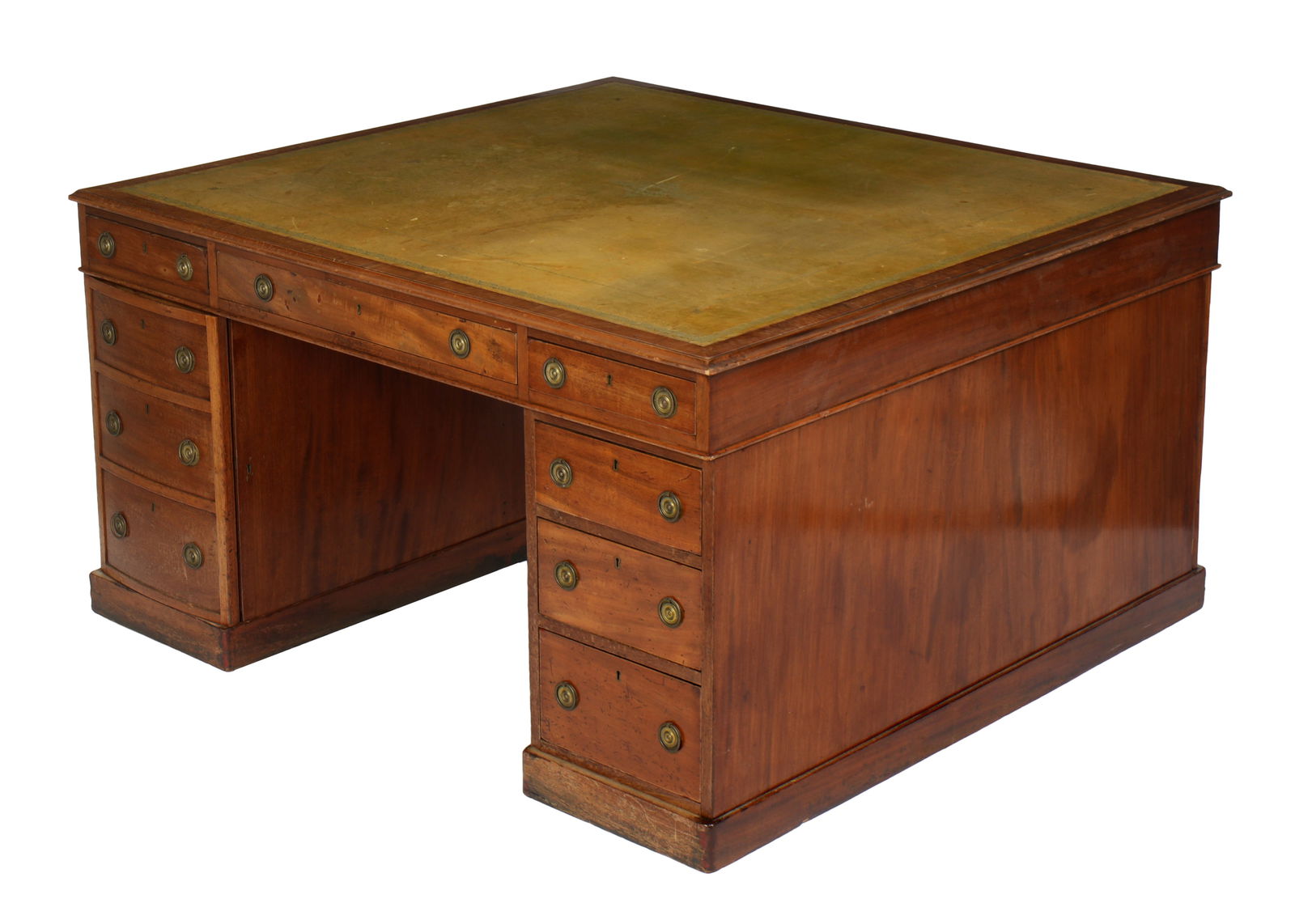 English Mahogany Leather Top Partners Desk Ex-Sotheby's: Embossed green leather top over mahogany double pedestal base. Top with three drawers either side. Pedestal bases, single door with fitted interior left side, three drawers right side. Older Sotheby's