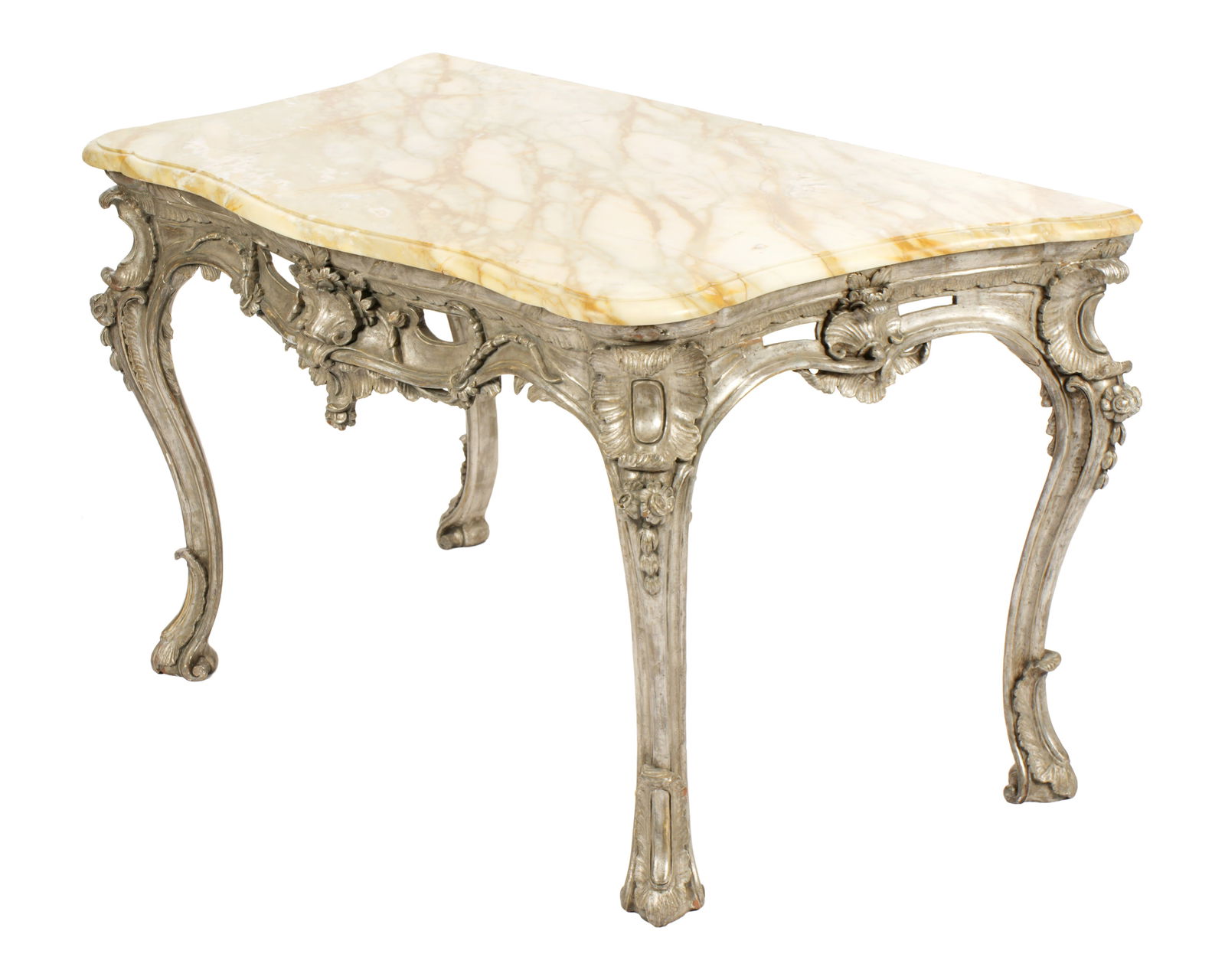 18th Century Silver Gilt Marble Top Console Table: Serpentine Sienna yellow marble top over conforming silver gilt carved base. Reticulated rococo style carved apron with shell and foliate motifs, shaped legs ending in acanthus leaf accents. Overall 3