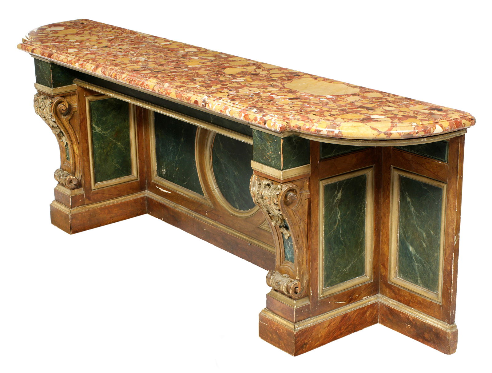 Large French 19th Century Marble Top Console Table: Exceptionally large 19th Century console table, Bleche d'Alep marble top over paint decorated conforming base with faux marble panels, scroll columns stiles. Overall 33.25" h. x 84" x 21.75". Sold wit