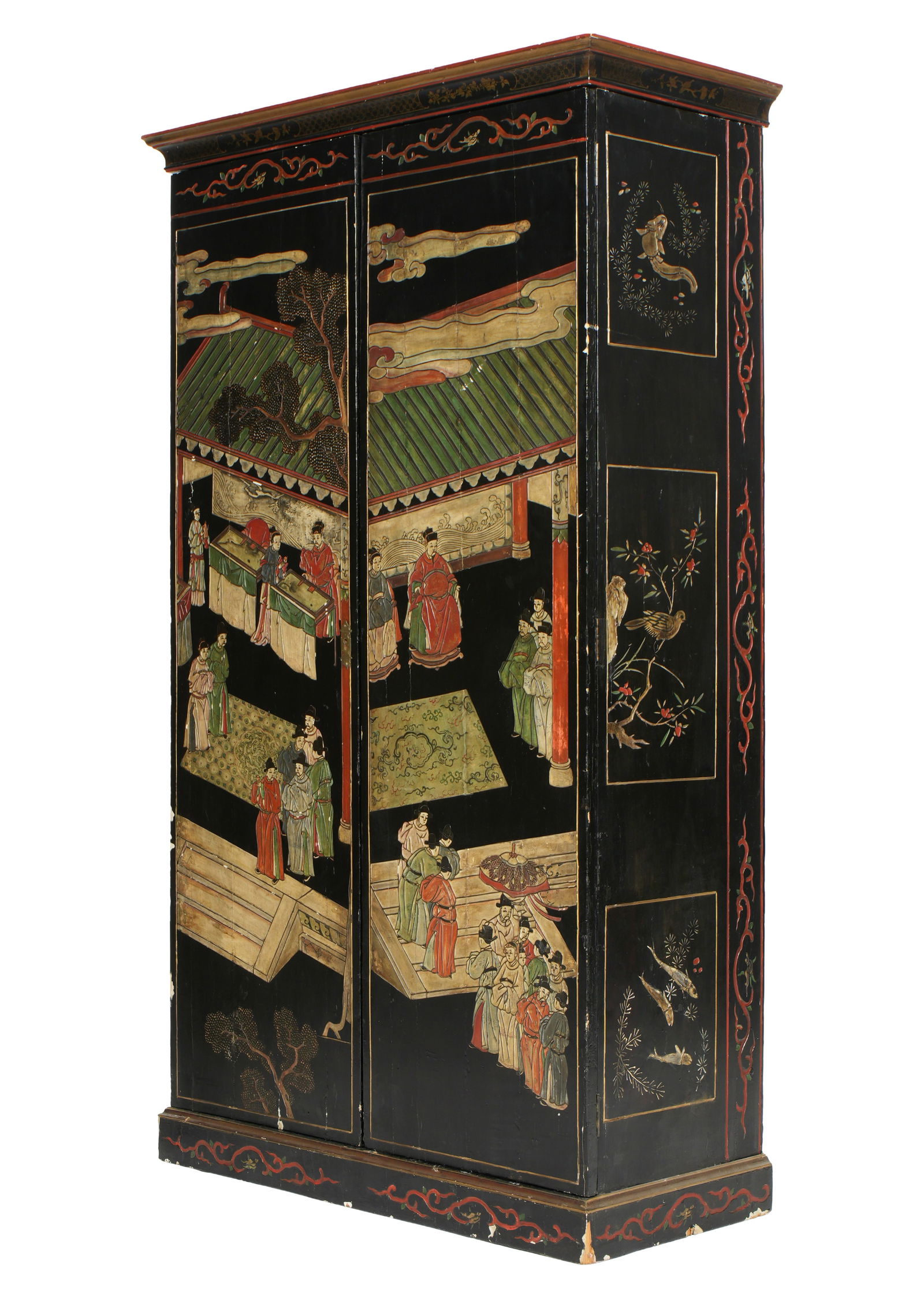 19th Century Chinese Coromandel Lacquered Cabinet: 19th Century chinoiserie decorated black lacquer cabinet / armoire. Molded cornice over two doors with courtyard genre scenes. Sides with panels depicting fish and birds. Black lacquer interior with t