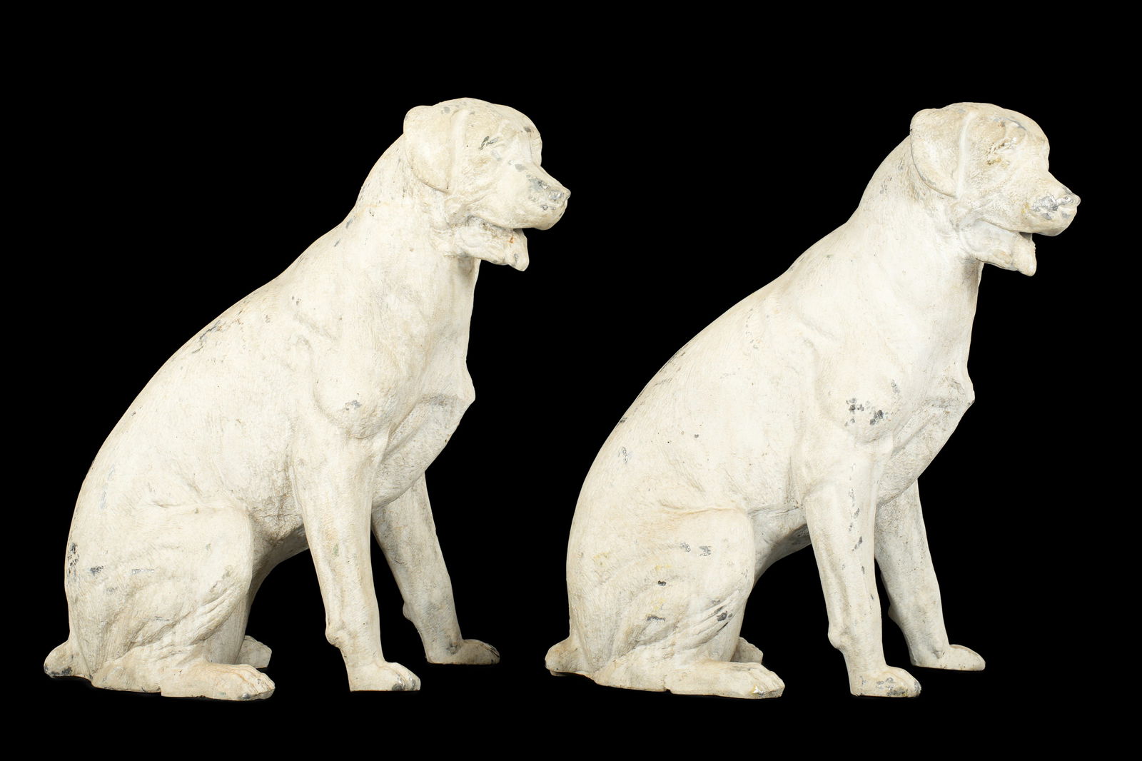 Pair Painted Aluminum Garden Dog Sculptures: Pair white painted aluminum figures of Labrador Retriever dogs, unmarked. Each measures 28" h. x 27" x 12". Condition: Wear and loss to paint.