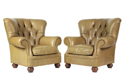 Pair Moss Green Tufted Leather Club Chairs