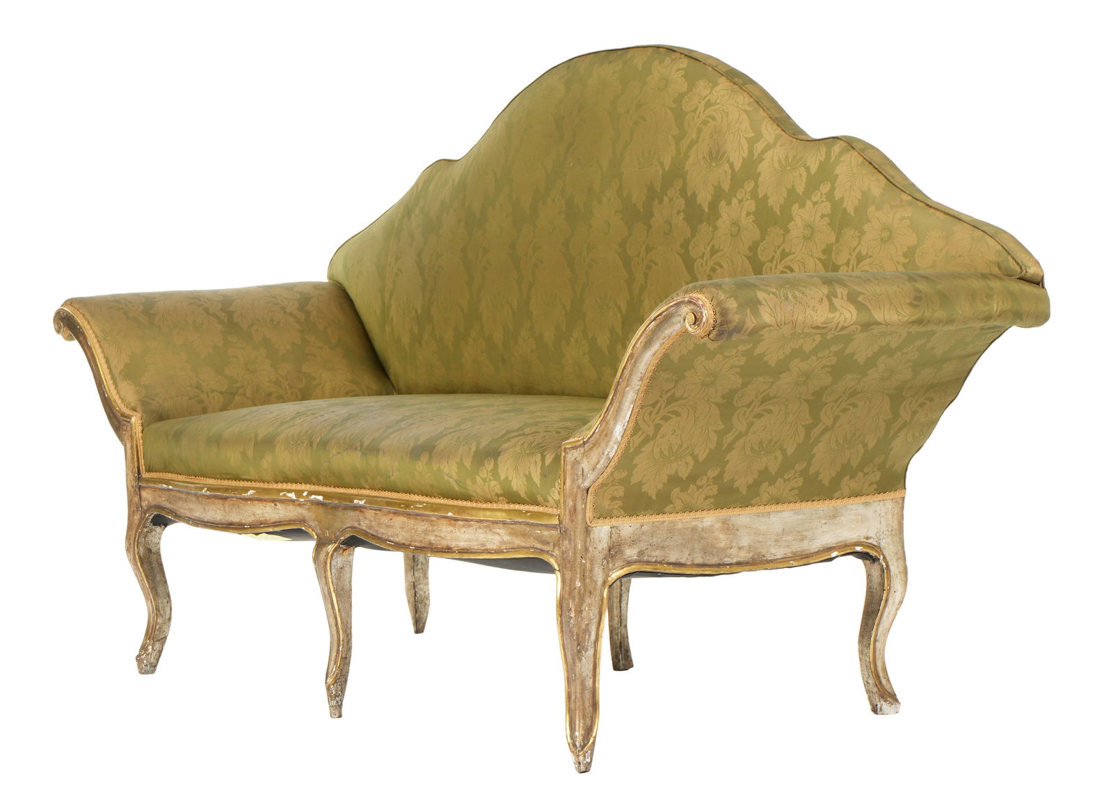 18th C. Venetian Italian Carved Gilt Wood Settee: 18th Century carved gilt wood frame, outward scroll arms, serpentine top ail. Shaped apron and legs. Green silk floral upholstery. Overall 43" h. x 83" x 28". condition: Wear and loss to gilt and pain