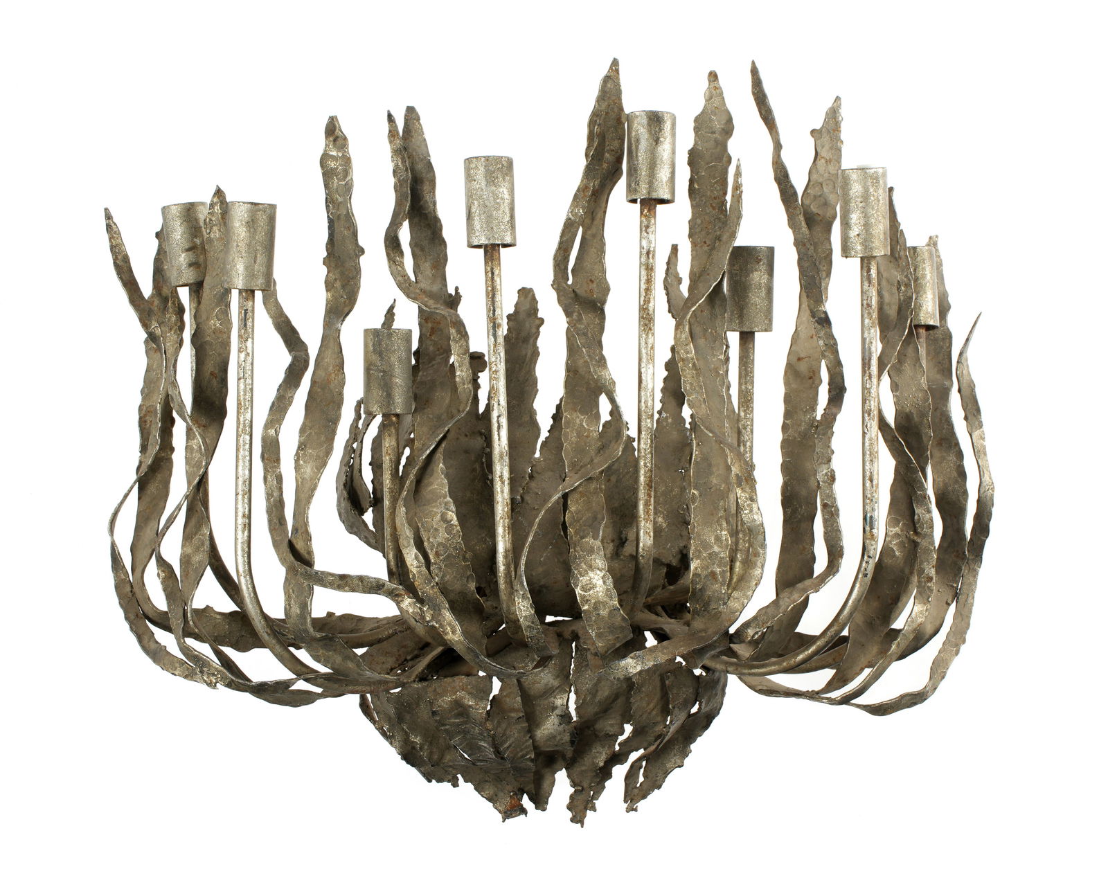 Wrought Iron Steel 8 Light Naturalist Wall Sconce: Hand wrought iron naturalist lily leaf form wall sconce, 8 steel arms, single electric fixture each. Unmarked, overall 27" h. x 30" x 9.5".