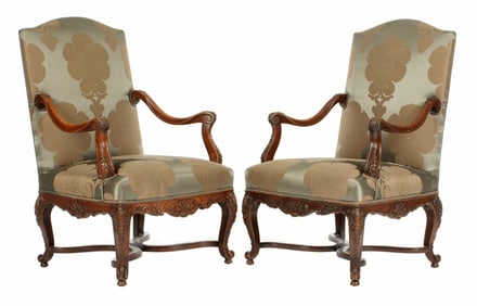 Pair French Regency Carved Walnut Fauteuil Chairs