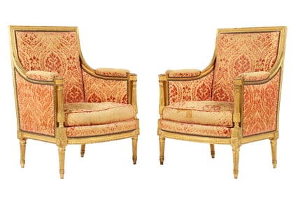 Pr French Louis XVI Carved Giltwood Bergere Chairs