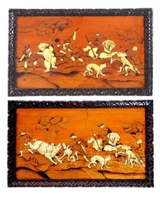 Pair German Marquetry & Bone Inlaid Hunting Plaques