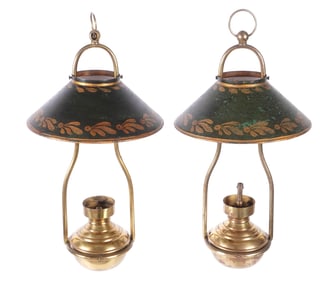 Pair French Tole Painted Shade Brass Lamp Fonts