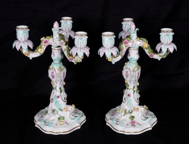 Pair Meissen Porcelain Three Arm Candelabra