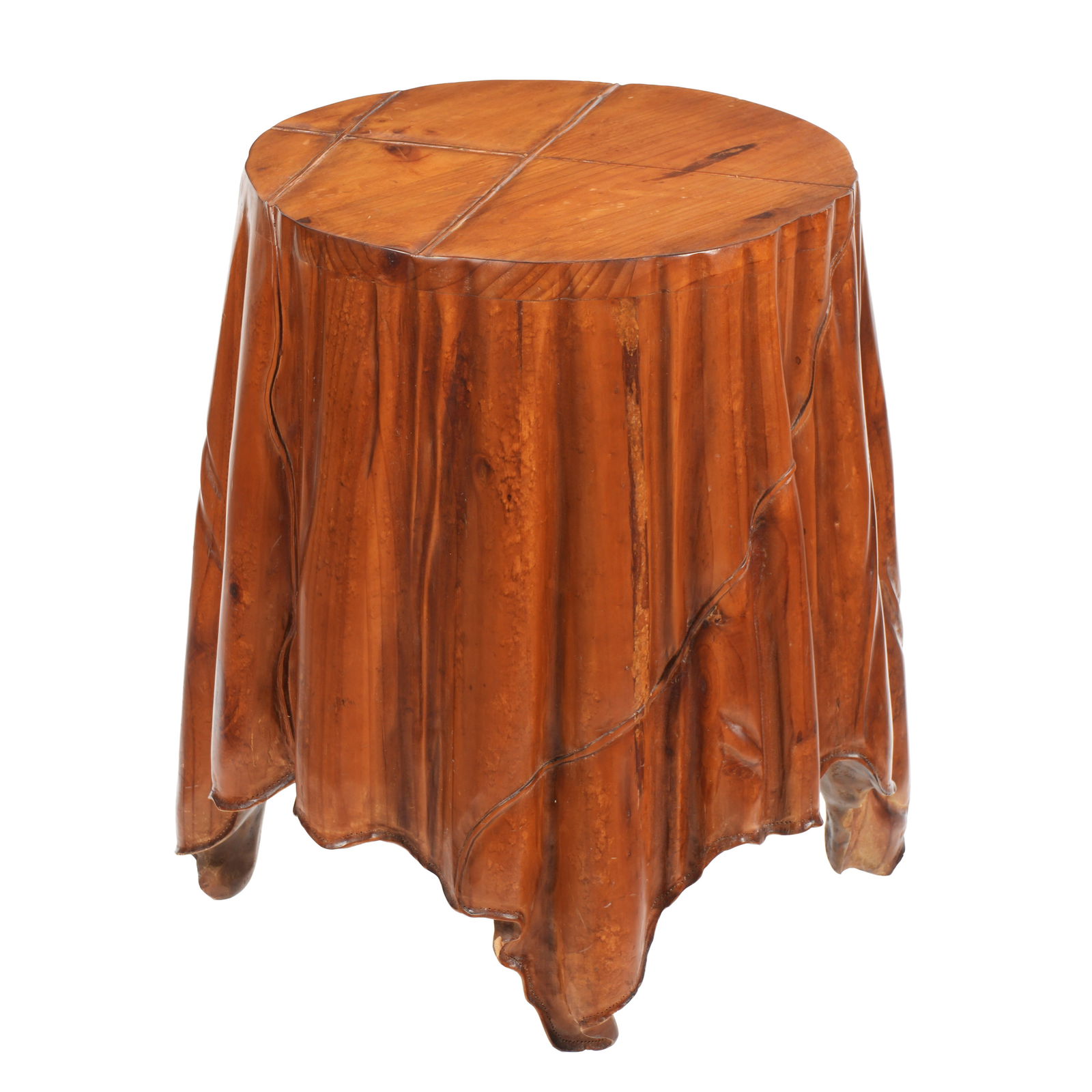 Bunny Willams Beeline Home Carved Wood Skirt Side Table: Carved wood side or drinks table, pleated tapestry design sides, Bunny Williams Beeline Home label inside. Overall 20" h. x 18.5". Sold with copy of 2014 receipt for $1600 from Bunny Williams, New Yor