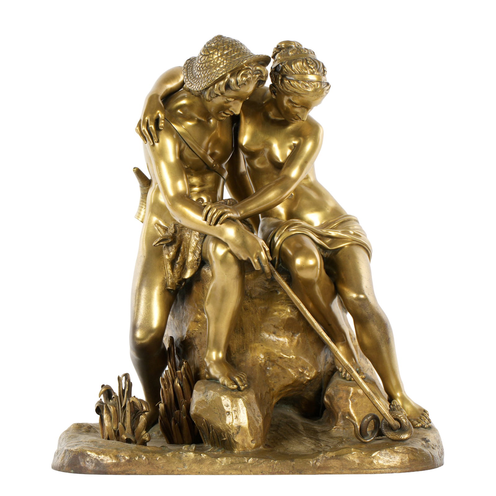 Paul Gayrard Daphnis & Chloe Asp Gilt Bronze: GAYRARD, Joseph Raymond Paul, (French, 1807-1855): Gilt bronze allegorical depiction of Daphnis and Chloe with Daphnis poking at an asp snake on the ground with a rod, signed at base, E. De Labroue fo